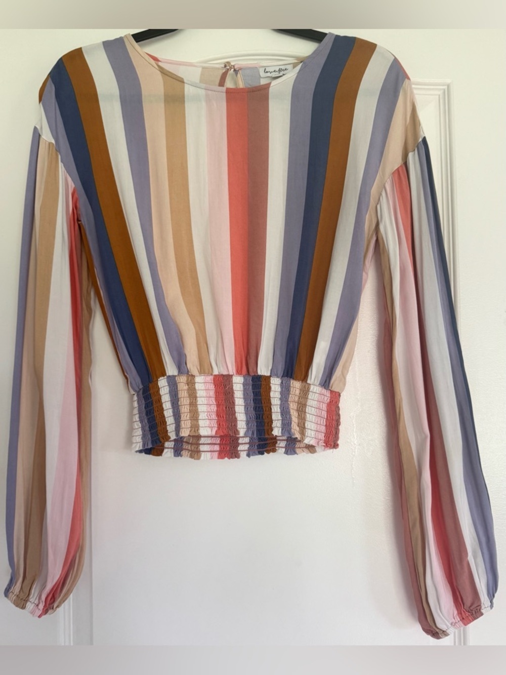 Love Fire Striped Smocked Waist Top XS Boho Long Sleeve Crop Blouse